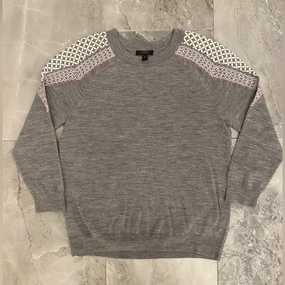 J Crew Lightweight Gray 3/4 Length Wool Sweater with Embroidery Size M